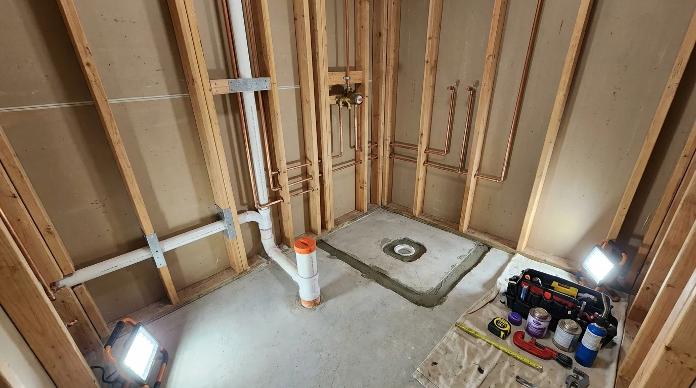 Bathroom rough-in plumbing during remodel by Johns Plumbing LLC in Salton City