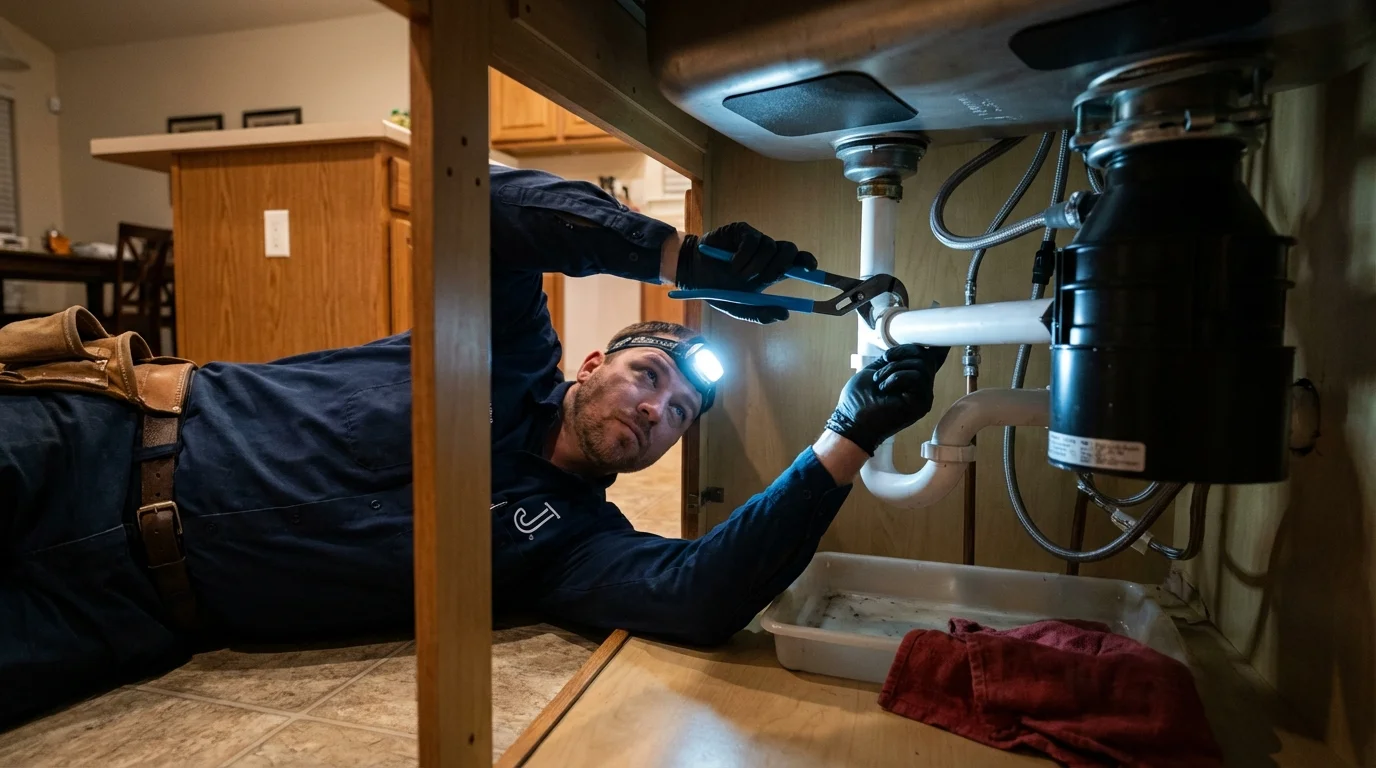 P-trap and supply line connections under a kitchen sink showing a common leak point in Salton City, CA